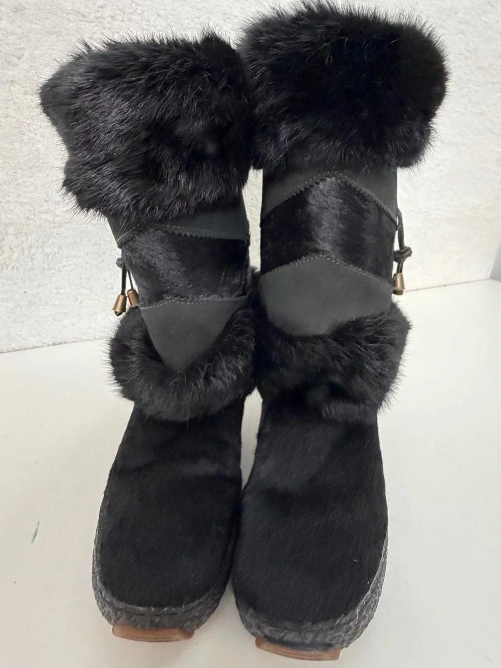 Oscar Sport made in Italy Black Fur Trim Apres Ski Snow Winter Boots Womens 6.5